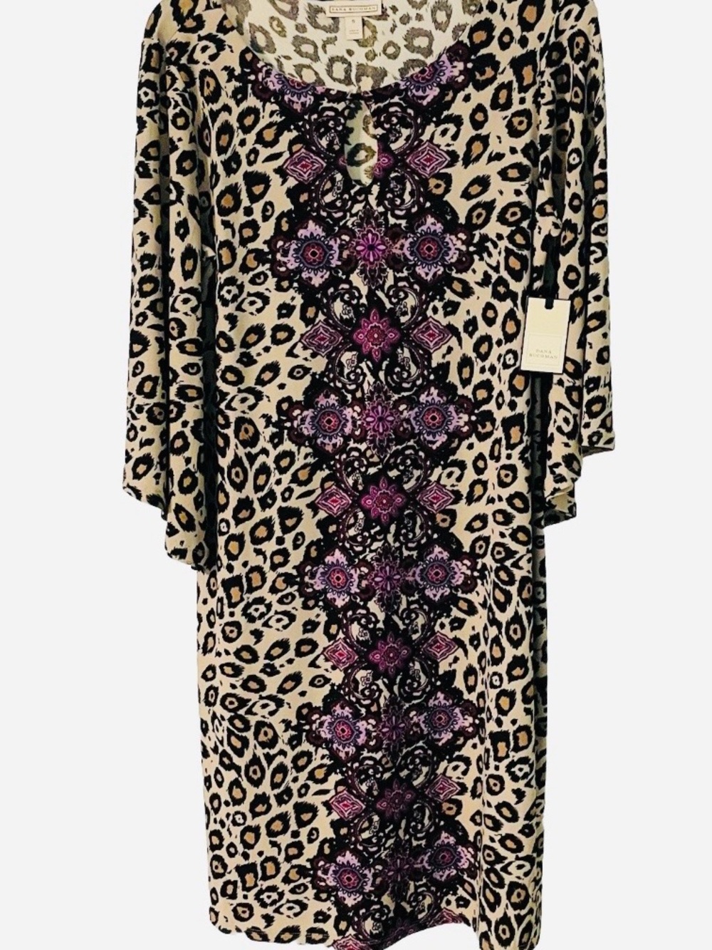 Dana Buchanan Leopard Print Tunic Dress with Purple Medallion Panel NWT size sm.